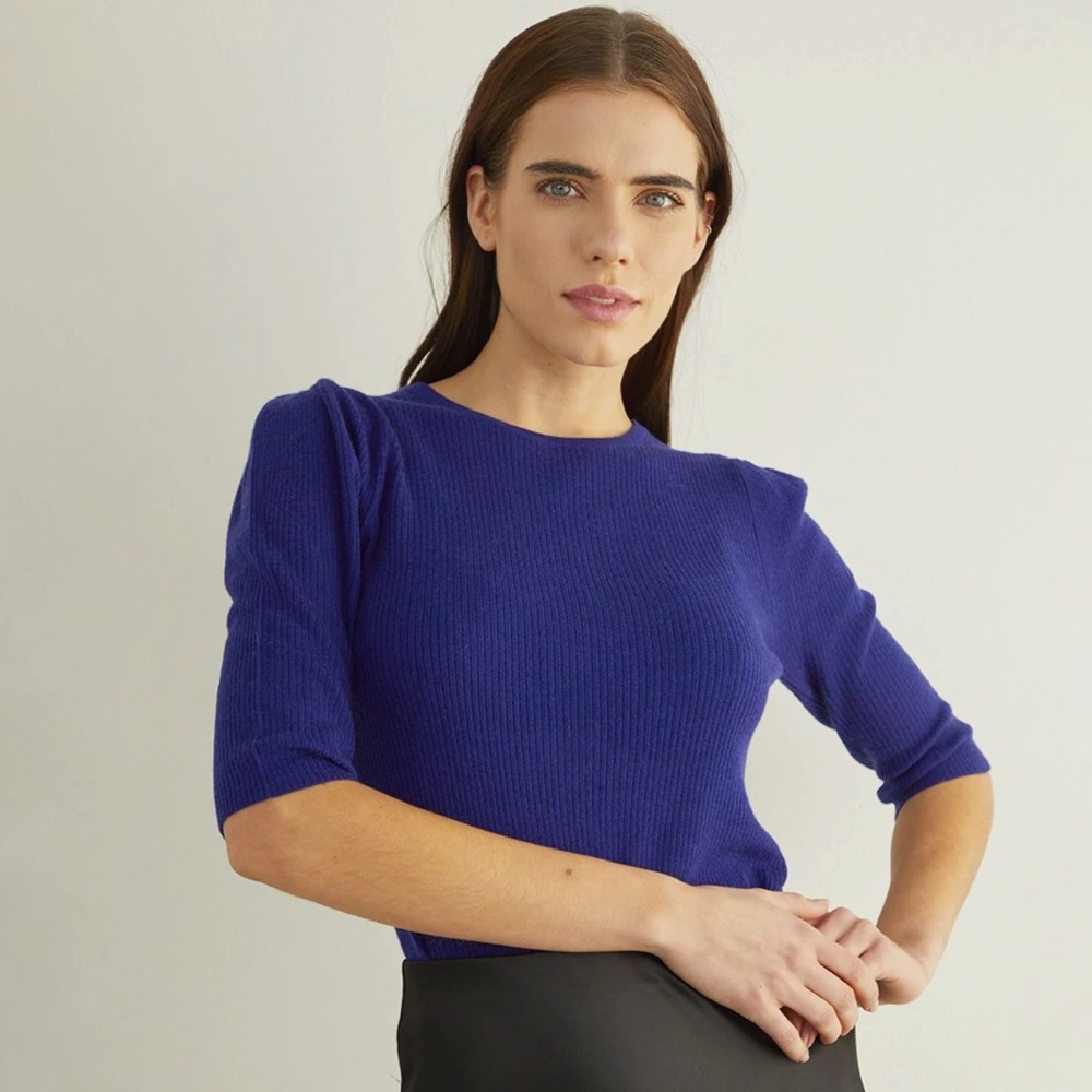 Autumn Cashmere Ribbed Elbow Puff Sleeve Crew